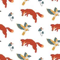 Seamless cute fox and birds vector pattern. Hand drawn doodle art with fox and birds background illustration