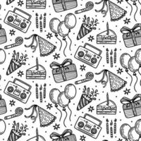 Doodles cute seamless pattern with cake, ballons and taperecorder. Happy birthday theme background vector