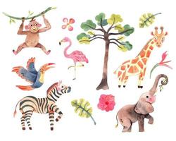 Safari collection with giraffe, monkey, zebra, elephant and toucan. Watercolor cute animals perfect for wallpaper, print, packaging, invitations vector