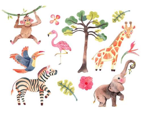 Safari collection with giraffe, monkey, zebra, elephant and toucan. Watercolor cute animals perfect for wallpaper, print, packaging, invitations