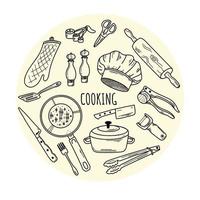 Hand drawn doodle kitchen set. Vector illustration of kitchen equipments and tools. Baking and cooking composition for restaurant menu and recipe book