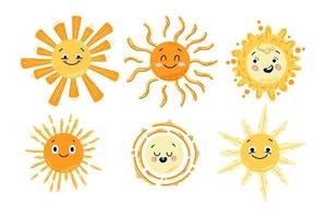 Set of hand drawn funny cute sun icon illustration. Yellow childish happy sunny collection. Smalling vector suns set isolated for print design