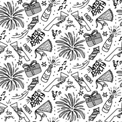 Doodles cute seamless pattern with cake, ballons and glasses. Happy birthday theme background. Party seamless vector pattern