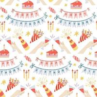 Happy birthday vector seamless pattern. Glasses, fireworks and cake on a white background