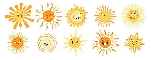 Set of hand drawn funny cute sun icon illustration. Yellow childish happy sunny collection. Smalling vector suns set isolated for print design