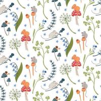 Forest seamless pattern with field mice, mushroom and floral elements. Woodland background vector