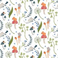 Forest seamless pattern with field mice, mushroom and floral elements. Woodland background vector