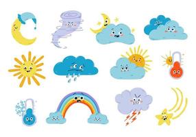 Ilustración de vector de tiempo lindo. divertido conjunto de iconos de sol, nube, luna, tormenta, lluvia y termómetro aislado en blanco. colección infantil del tiempo