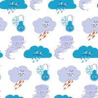 Vector hand drawn bad weather repeat pattern. Cute cloud with lightning and rain seamless pattern.
