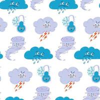 Vector hand drawn bad weather repeat pattern. Cute cloud with lightning and rain seamless pattern.