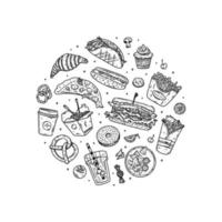 Fast food vector set illustration in circle composition. Junk food in doodle style. Hand drawn fast food for restaurant design