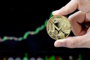 Golden Monero cryptocurrency coin with candle graph background, Crypto is Digital Money within the blockchain network, is using technology and online internet exchange photo