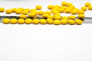 Macro shot detail of yellow round sugar coated tablets pills and stainless steel spatula on white background with copy space photo