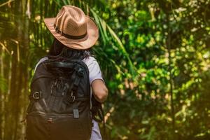 Woman tourist with hat and backpack standing in evergreen forest. Alone young woman traveller enjoy travel. photo