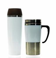 Thermos bottle isolated on white background. Coffee or tea reusable bottle container. Thermos travel tumbler. Insulated drink container. White stainless steel thermos water flask. Zero waste. photo