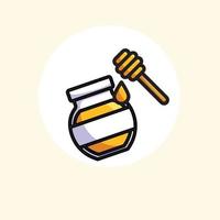 A glass pot full of honey and honey dipper. Vector illustration cartoon flat icon isolated on white.