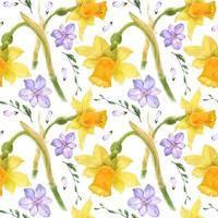 Yellow daffodil and purple freesia watercolor seamless pattern on a light background, traced watercolor vector