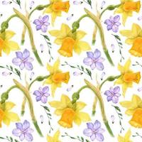 Yellow daffodil and purple freesia watercolor seamless pattern on a light background, traced watercolor vector