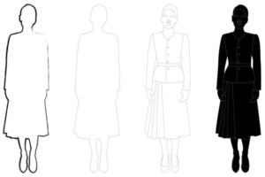 Sketch outline of the silhouette of a girl in a fashionable suit standing. Doodle black and white line drawing. vector