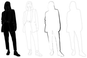 Sketch outline of the silhouette of a girl in a fashionable suit standing. Doodle black and white line drawing. vector