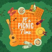 tiempo de picnic con comida sabrosa y cosas de ocio. vector