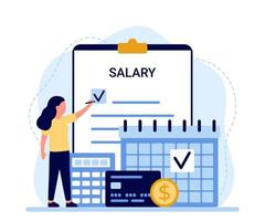 Payroll, calendar with date salary payment, woman pay money. Work accountant, check calculating payment, expenses. Bookkeeping. Vector illustration