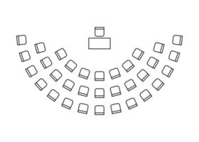 plan para organizar sillas en semicírculo en el interior, anfiteatro de asientos de mapa, esquema gráfico de diseño. negocios, educación, símbolos de muebles gubernamentales en el plan arquitectónico del esquema, vista superior. línea vectorial vector