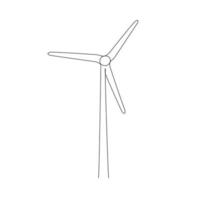 Wind mill, wind generator energy, single continuous line art drawing. Windmill tower save ecology green energy electricity. Generate turbine one sketch outline. Vector illustration