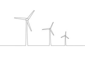 Wind mill, wind generator energy, single continuous line art drawing. Windmill tower save ecology green energy electricity. Landscape with generate wind turbines. Vector one outline illustration