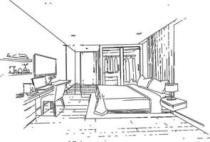 line drawing small bedroom has a wardrobe. Modern desk and chair,vector,2d illustration