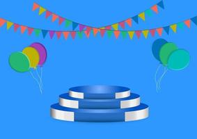 globos fiesta colorida ensamblar decoración y podio azul fondo azul ilustración vectorial vector