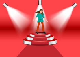 graphics image girl cartoon character riding a skateboard or surf skate standing on podium with spotlight red background vector illustration