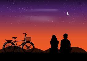 graphics drawing couple sit and view nature landscape silhouette after sunset for wallpaper background vector illustration