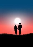 silhouette image A couple man and women standing on grass with look at the Moon in the sky at night time design vector illustration
