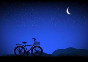 silhouette image A bicycle with Moon in the sky at night time design vector illustration