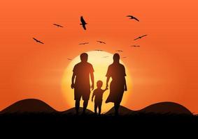 padre madre e hijo con puesta de sol y montaña en la ilustración de vector de fondo