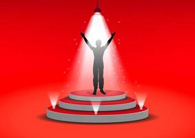 graphics drawing silhouette the man standing on red podium for with spotlights red background Vector illustration