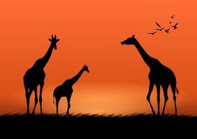 imagen gráfica jirafa en el bosque con ilustración de vector de fondo de silueta crepuscular
