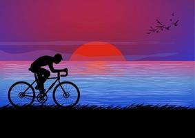imagen gráfica hombre montando una bicicleta por la noche con una puesta de sol en el fondo del mar tierra vector ilustración