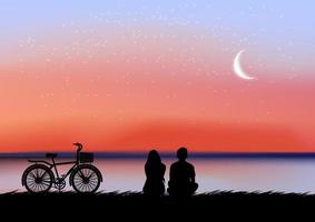 silhouette image A couple man and women sitting look the moon  in the sky at night time design vector illustration
