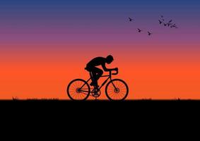 un hombre montando una bicicleta por la noche con la luz de la puesta de sol y la silueta naranja de la ilustración del vector de la puesta de sol