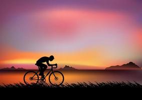 un hombre montando en bicicleta por la noche con la luz de la puesta de sol y la silueta naranja de la ilustración del vector de la puesta de sol