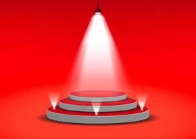 podium for show product with bright white light from spotlights red background Vector illustration