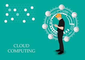 hombre de negocios de dibujo gráfico mantenga comunicación de conexión de uso de teléfono inteligente para computación en la nube vector