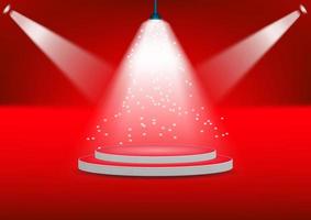 podium for show product with bright white light from spotlights red background Vector illustration