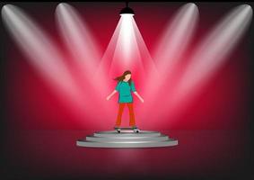 vector image girl cartoon character riding a skateboard or surf skate standing on podium with spotlight