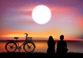 silhouette image A couple man and women sitting at the beach with Moon in the sky at night time design vector illustration