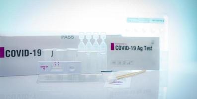 Covid 19 antigen self test for nasal swab. Antigen test kit for home use to detection coronavirus infection. Rapid antigen test. Corona virus diagnosis. Medical device for covid-19 Antigen test. photo