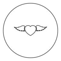 Heart with wing icon in circle round black color vector illustration image outline contour line thin style
