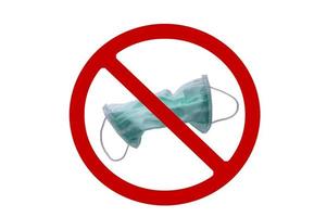 Used green surgical face mask in red forbidden symbol on white background. No discard used medical face mask in this area. Medical waste management with hygienic rule in hospital and community. photo